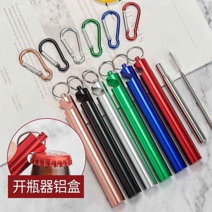 304 Stainless Steel Metal Straw Reusable Travel Keychain Straw with Case Bottle Opener