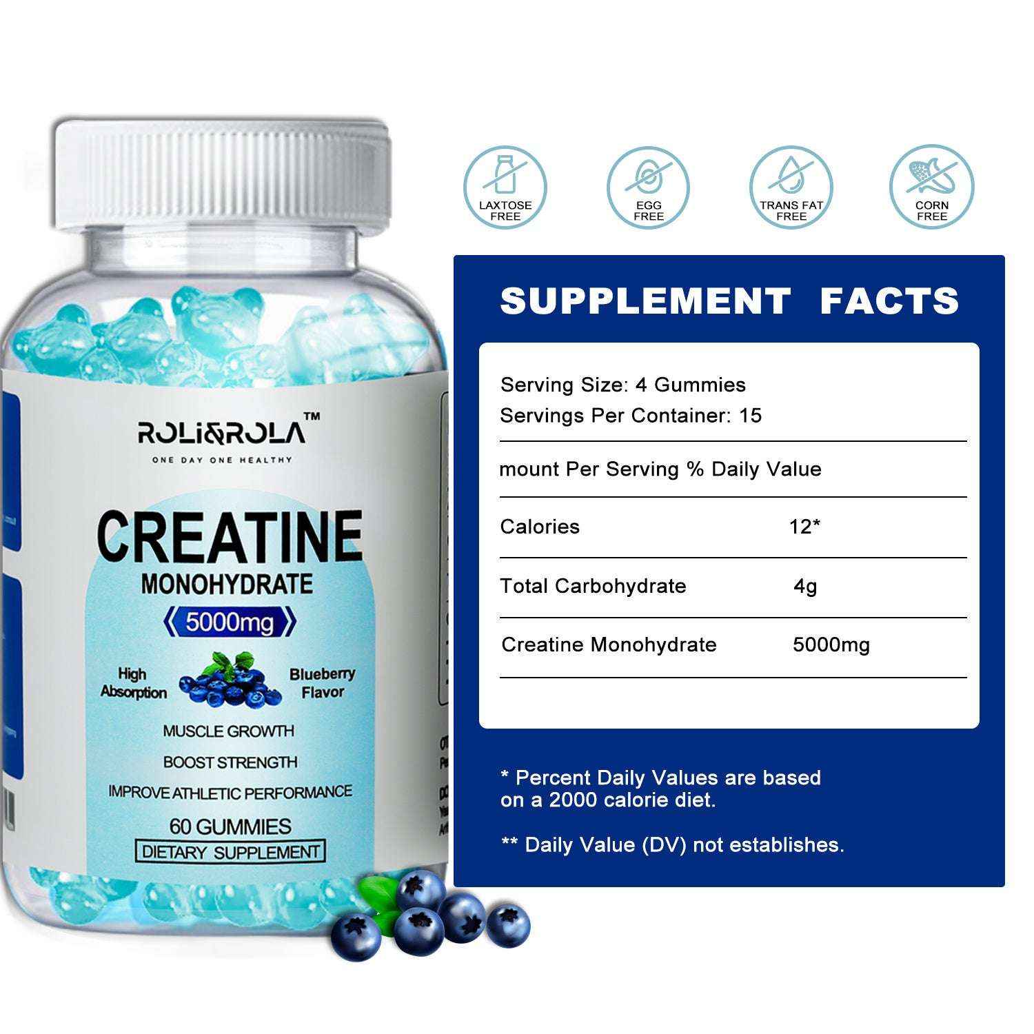 High Strength Creatine Monohydrate Gummies, Blueberry Flavored - 60 Gummies X 2 Bottles