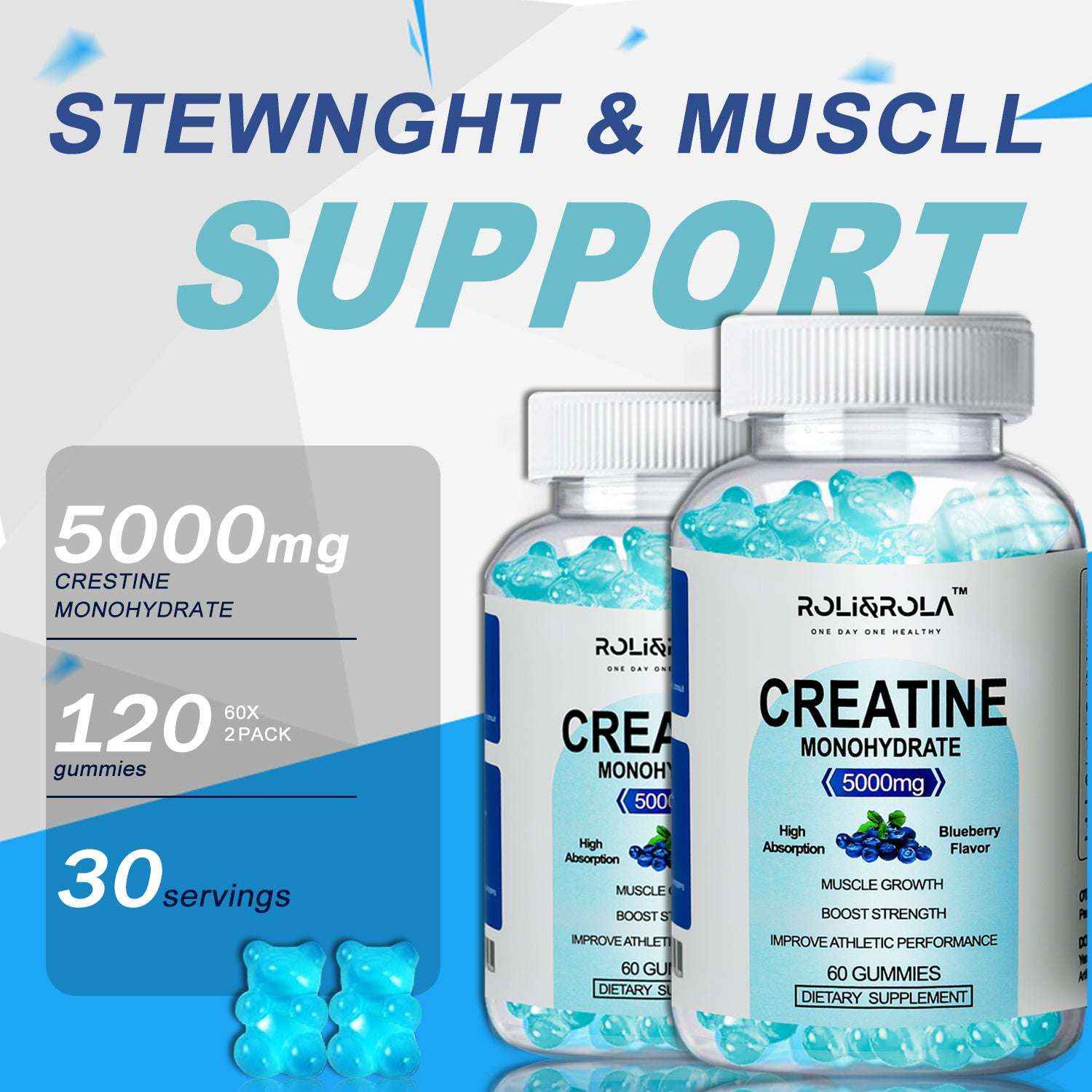 High Strength Creatine Monohydrate Gummies, Blueberry Flavored - 60 Gummies X 2 Bottles